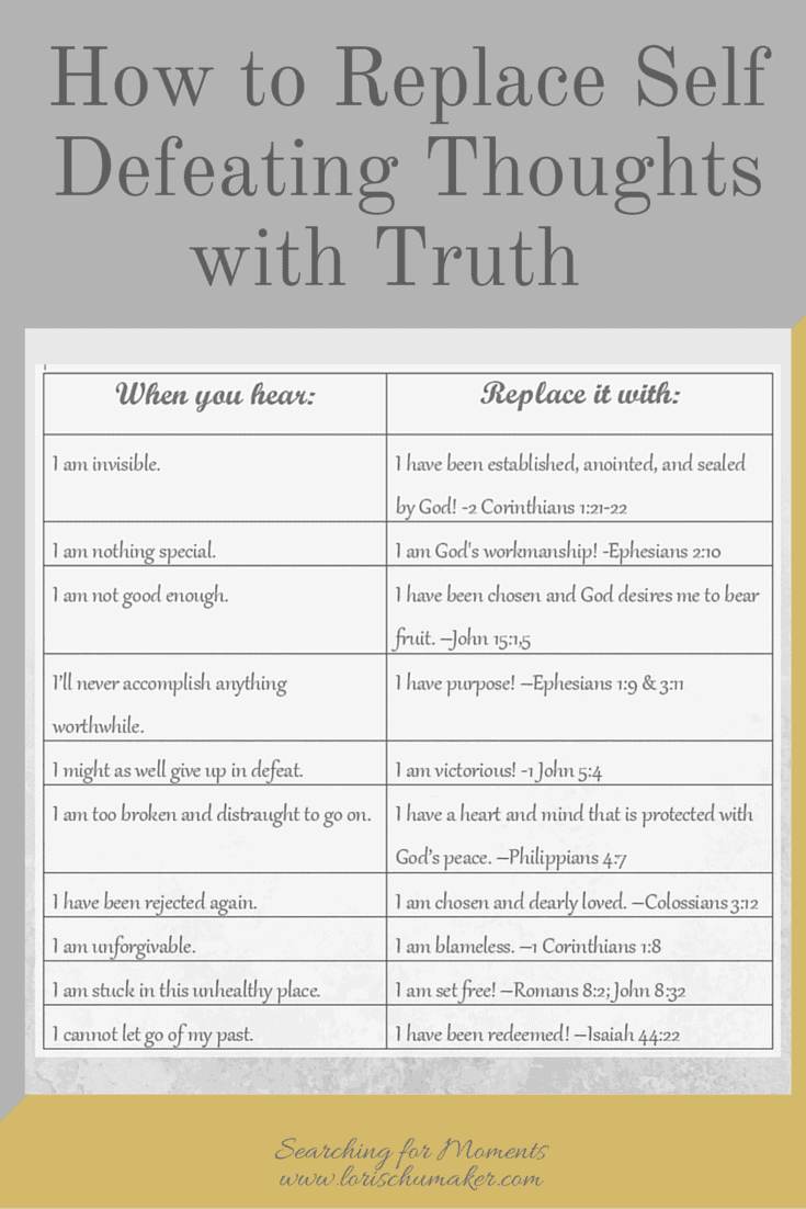 Replacing Self-defeating thoughts with truth. Examples of taking hold of our thoughts.