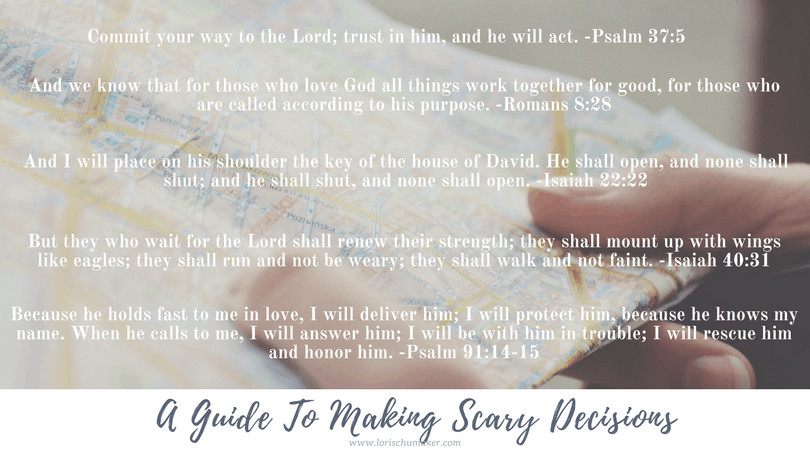 A Guide to Making Scary Decisions - Making decisions is not always easy. Did you know God gives us what we need to make any decision with which we are faced? Here are Scripture references to help you have peace when you make the scary decisions in life. - Lori Schumaker - #MomentsofHope 