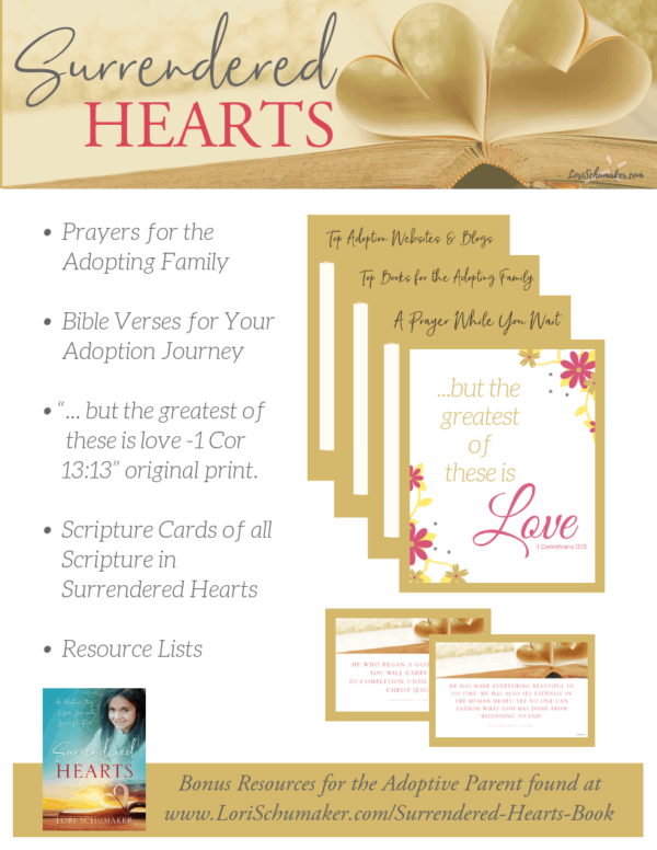 Free Printable Bonus Resources: Prayers, Verses, Scripture Cards, Resource Lists., and a beautiful original print. A huge packet of resources for the adoptive parent or for anyone needing encouragement in life! Created with Surrendered Hearts: An Adoption Story of Love, Loss, and Learning to Trust by Lori Schumaker #adoption #prntables #scripturecards #bibleverses