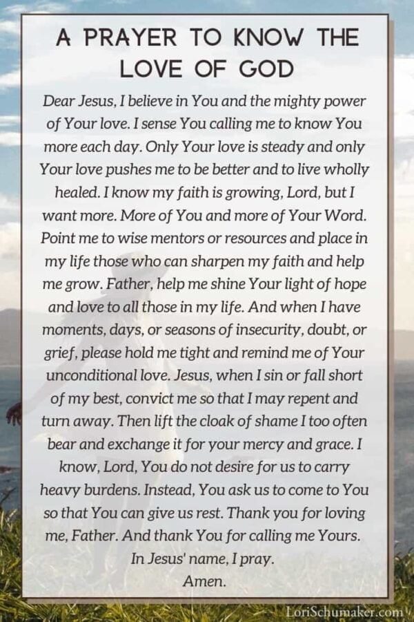 Pray this prayer and join me to deepen your faith and encounter the love of God in a new way. Make sure to download your beautiful free journal to enhance your faith journey! #loveofgod #godslove #biblestudy #biblejournal #journal #printable #prayer #bibleverses